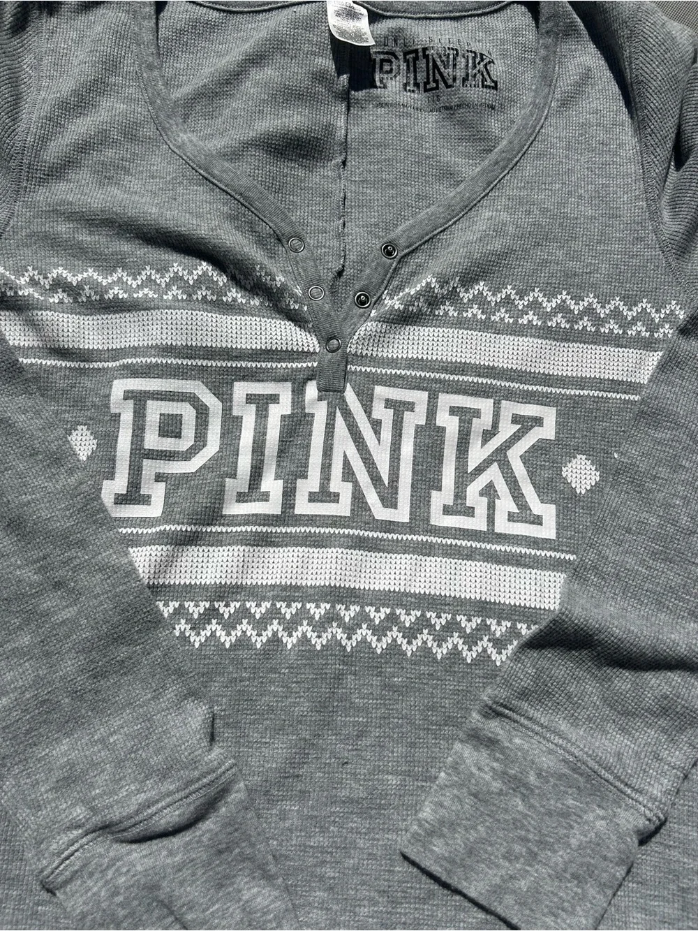 Victoria’s Secret PINK Gray Fair Isle Thermal Union Suit Onesie Butt Flap